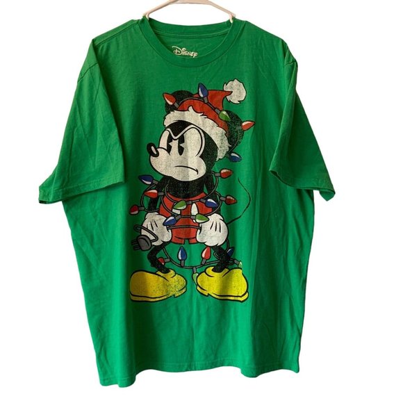 Disney Other - Disney Angry Mickey Mouse Christmas T-shirt Holiday Lights Green Crew Neck NWOT